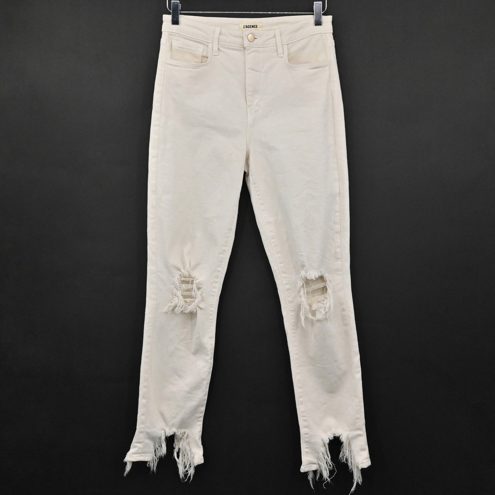L'Agence Distressed Jeans Womens Sz 27 Cream High Line Skinny Frayed Hem Ripped